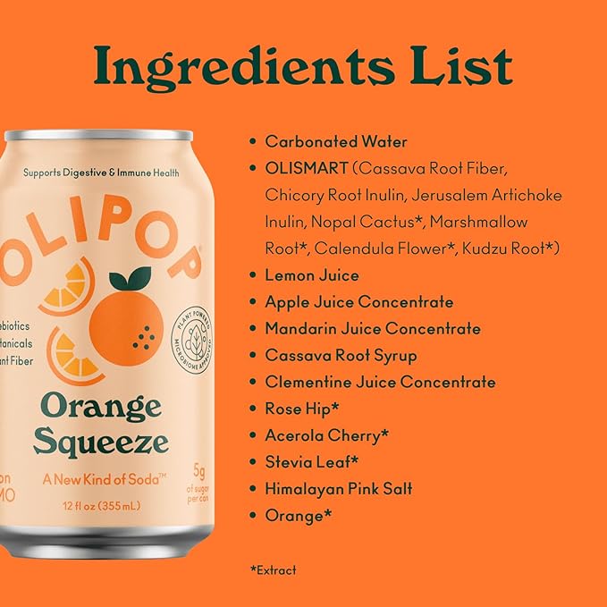 OLIPOP Prebiotic Soda Pop, Orange Squeeze, A New Kind of Soda Packed with Prebiotics, Fiber, and