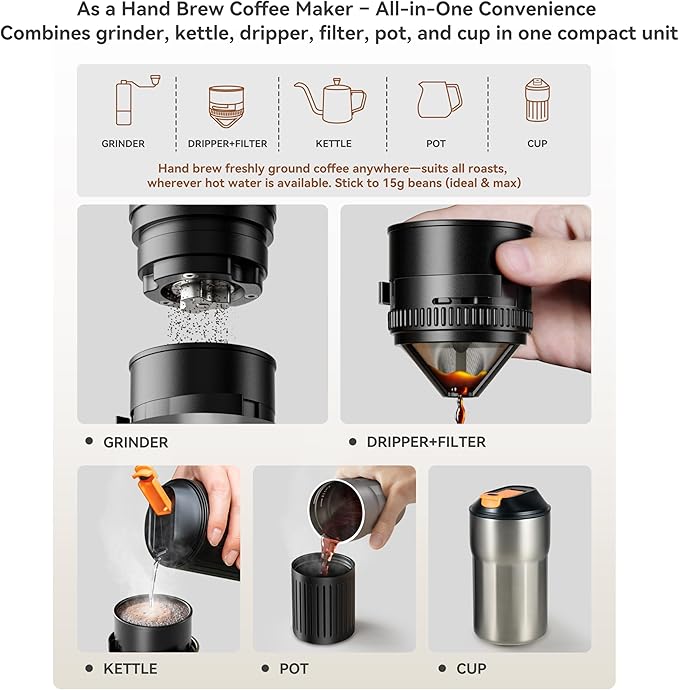 Portable Pour Over Coffee Maker, Rechargeable Electric Grinder with Stainless Steel Conical Burr