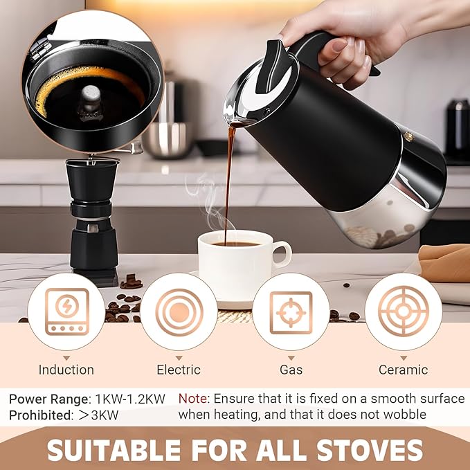 Moka Pot, 9 Cups (15.9 oz) Stovetop Espresso Maker, 304 Stainless Steel Moka Pot, Induction