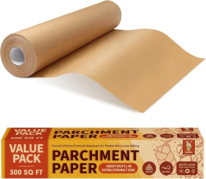 Katbite Unbleached Parchment Paper Roll, 15in x 242ft, 300 Sq.Ft, Non-Stick with Serrated Cutter