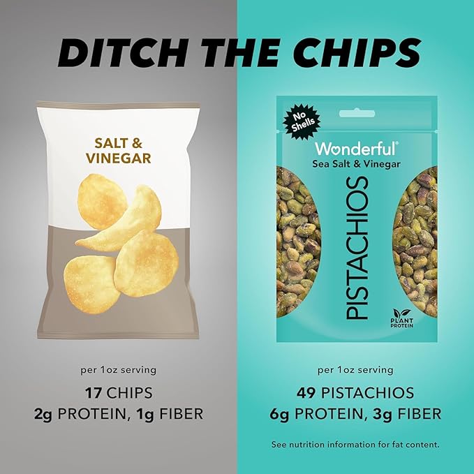 Wonderful Pistachios No Shells, Sea Salt & Vinegar Flavored Nuts, 2.25 Ounce Bag (Pack of 8)