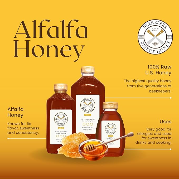 Beekeeper Direct Unfiltered Honey - Real Raw Alfalfa Honey - All Natural Non-GMO Pure Gourmet Honey