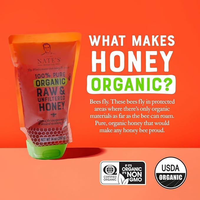 Nature Nate's 100% Pure USDA Organic Raw & Unfiltered Honey, Two 14 oz. No-Drip Sustainable Squeeze