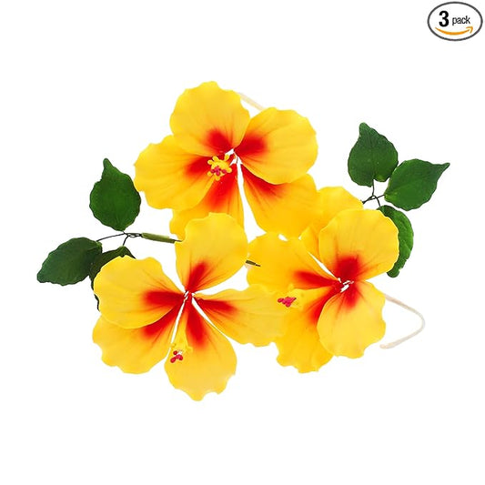 Global Sugar Art Hibiscus Sugar Cake Flowers, Yellow with Red, 3 Count with Leaves by Chef Alan
