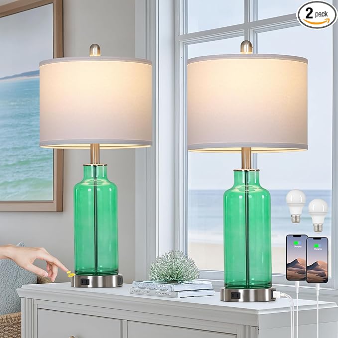 26.5" Coastal Green Glass Table Lamps Set of 2, 3-Way Dimmable Touch Control Bedside Lamps with USB