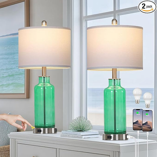 26.5" Coastal Green Glass Table Lamps Set of 2, 3-Way Dimmable Touch Control Bedside Lamps with USB