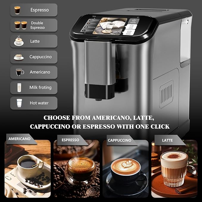 Fully Automatic Espresso Machine with Smart TFT Touchscreen, Brewing System and Automatic Milk