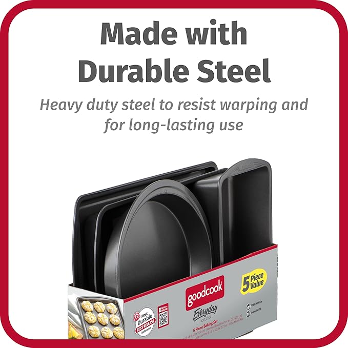 GoodCook Everyday Nonstick Steel 5-Piece Bakeware Set, Gray, Includes Cookie Sheet, Cake Pan, Loaf
