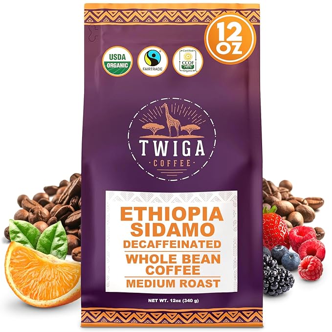 Twiga Coffee Premium Ethiopian Sidamo Decaf ??Organic Medium Roast Arabica Whole Bean ??Decaf