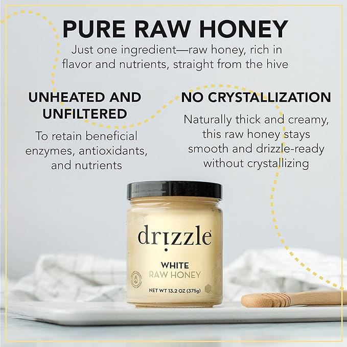 Drizzle White Raw Honey - All Natural Pure Raw Honey, Unfiltered & Unheated, Use in Tea & Coffee