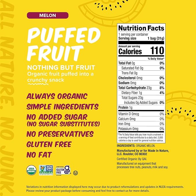 Made In Nature Organic Puffed Fruit, Melon, 1.1 Ounce Bag (Pack of 6) - Vegan Snack, Non-GMO