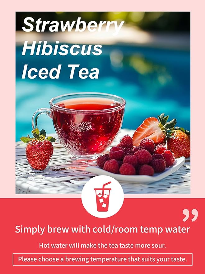 TeeLux Strawberry Hibiscus Iced Tea, Natural Hibiscus Tea with Stevia and Rosehip, Tangy & Sweet