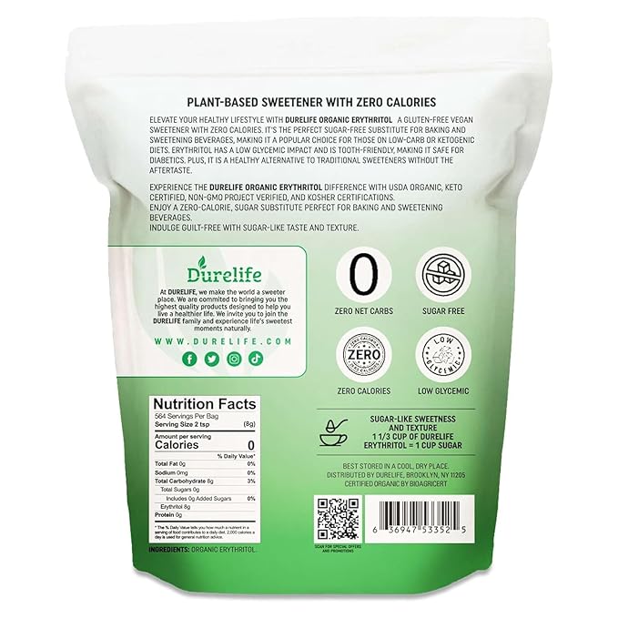 Durelife USDA organic erythritol sweetener, non gmo verified, Keto certified, No After Taste