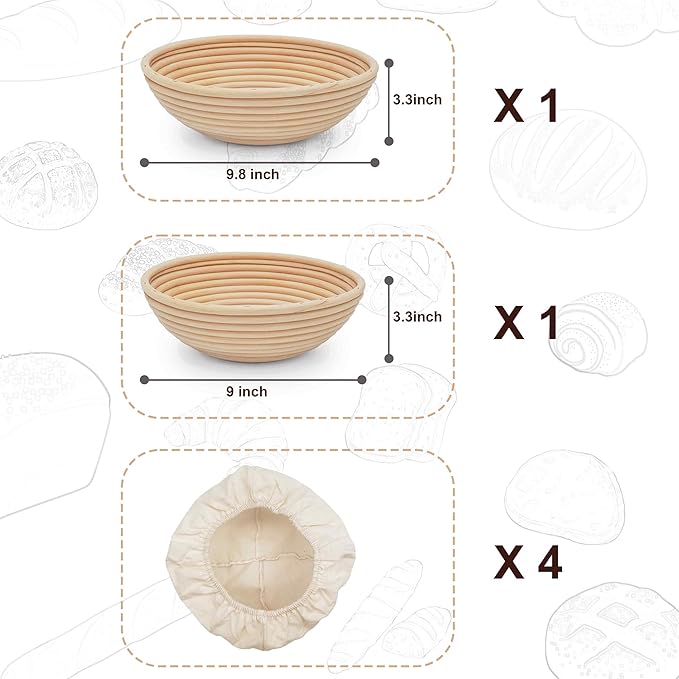 Banneton Bread Proofing Basket,9 Inch Round + 9.8 Inch Round Sourdough Proofing Baskets with