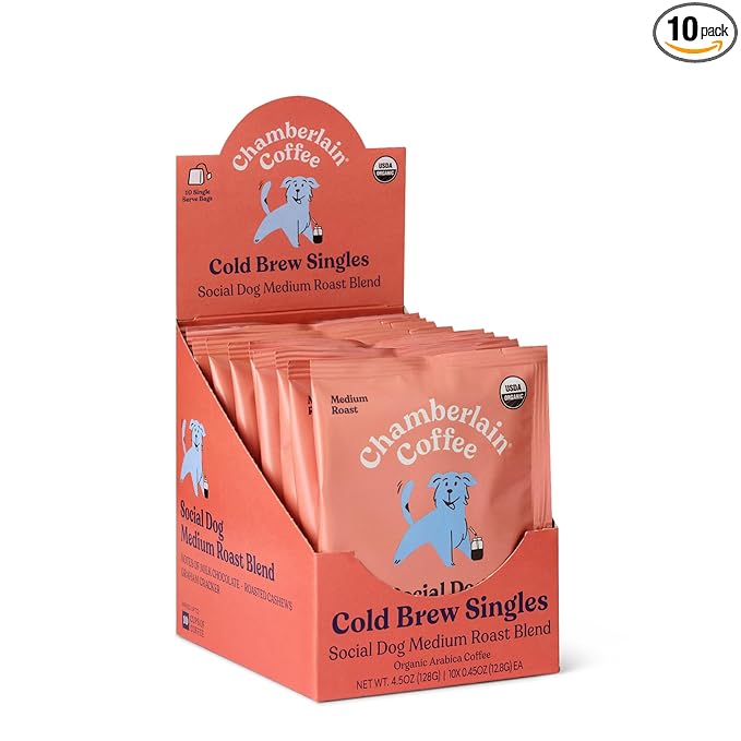 Chamberlain Coffee Social Dog Blend Cold Brew Singles - Full Bodied, Medium Roast Organic Coffee