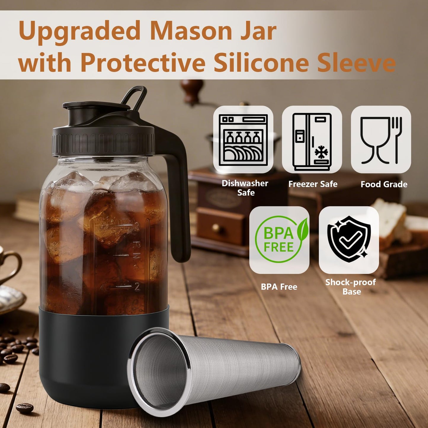 Cold Brew Coffee Maker, 64oz Mason Jar Pitcher with Stainless Steel Filter, Leak-Proof Lid with