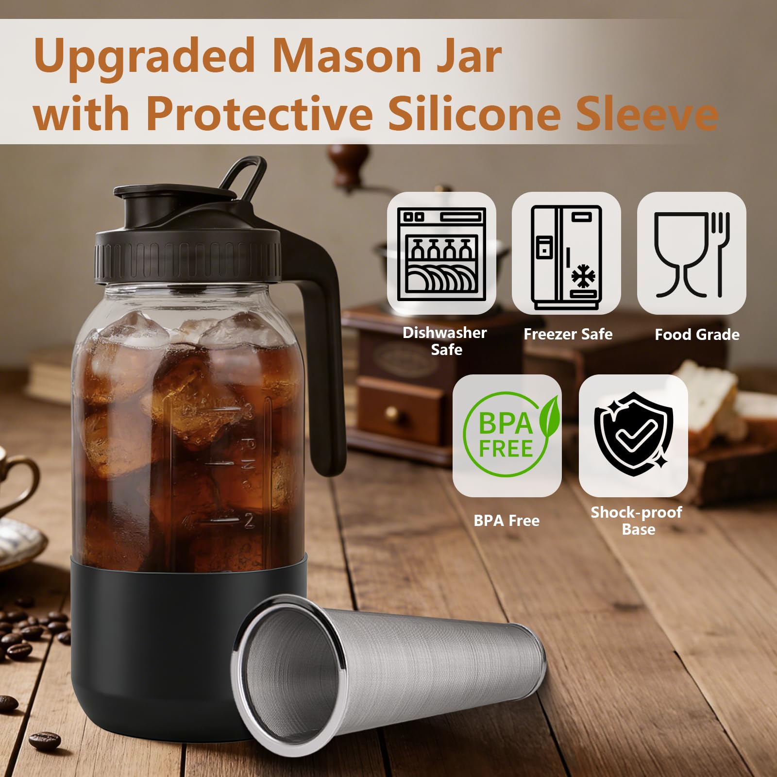 Cold Brew Coffee Maker, 64oz Mason Jar Pitcher with Stainless Steel Filter, Leak-Proof Lid with