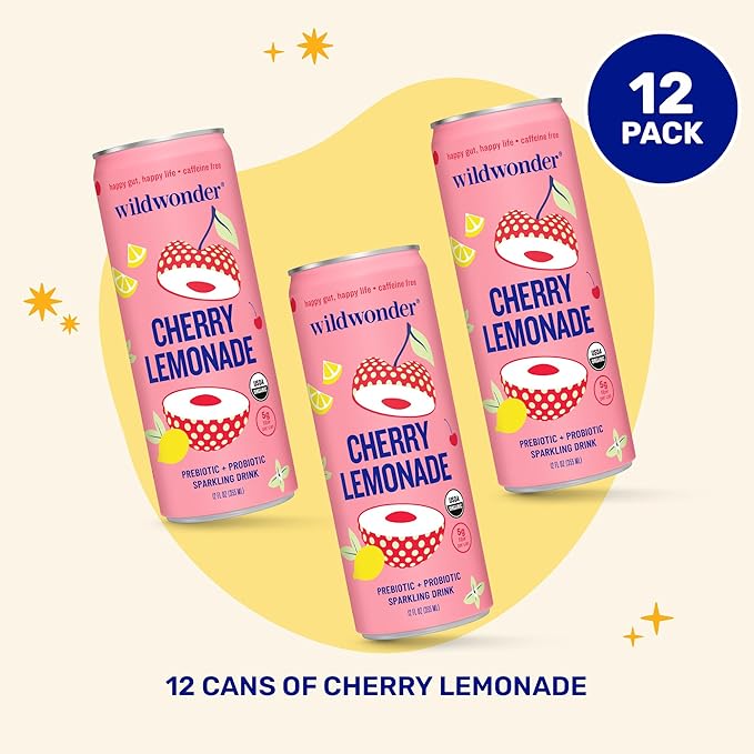 NEW! wildwonder Sparkling Probiotic Drink 12pk, For Gut Health & Immune Support, Cherry Lemonade