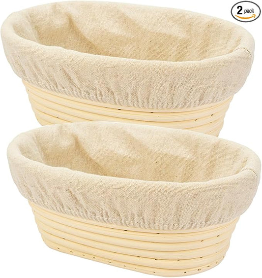 2 PCS 8 inch Oval Long Banneton Brotform Bread Dough Proofing Rising Rattan Basket & Liner for
