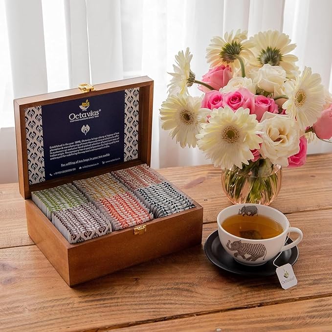 Octavius Gift's Select - Assorted Tea in Lotus Printed Wooden Box | 6 Flavors, 90 Tea Bags | Black