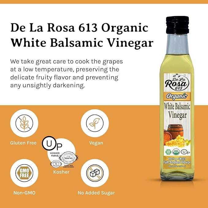 De La Rosa Organic White Balsamic Vinegar, Aged in Spanish Wood Barrels, Kosher for Passover, Vegan