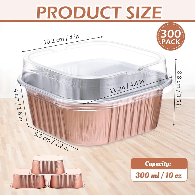 Aoriher 300 Pieces 10 oz Mini Cake Pans with Lids, Aluminum Foil Baking Cups, Square Disposable