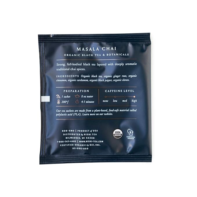 Rishi Tea Masala Chai Black Sachet Tea Bag Blend - Organic, Assam with Whole Spices, Energizing &