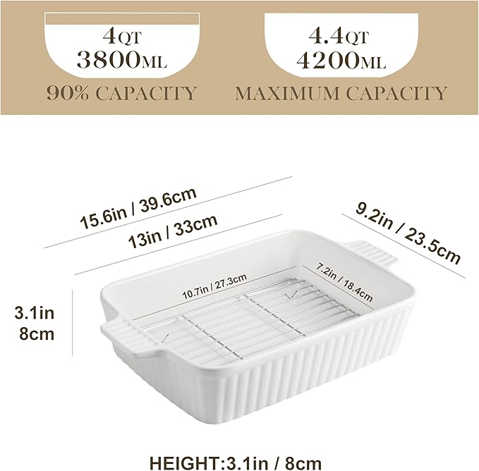 MALACASA 4.4 QT Baking Dish with Rack, 9x13 Large Casserole Dish for Oven, Ceramic Baking Pan with