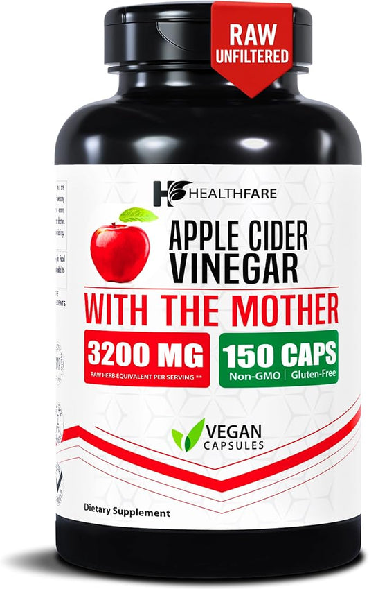Apple Cider Vinegar Capsules with the Mother | 3200mg Raw, Organic & Unfiltered ACV | 150 Vegan