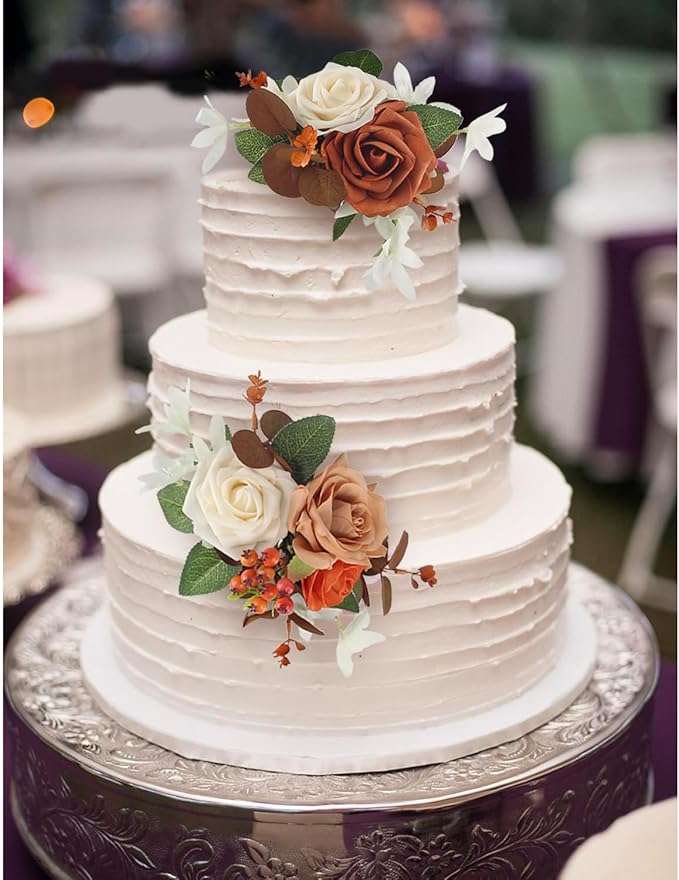 Rinlong 3Pcs Cake Topper Set Artificial Flowers for Cake Decor Burnt Orange Fall Wedding Cake