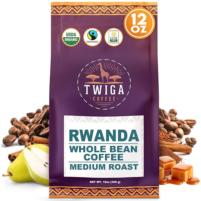 Twiga Coffee Rwandan Whole Bean ??Organic Medium Roast Arabica with Caramel, Cinnamon & Citrus