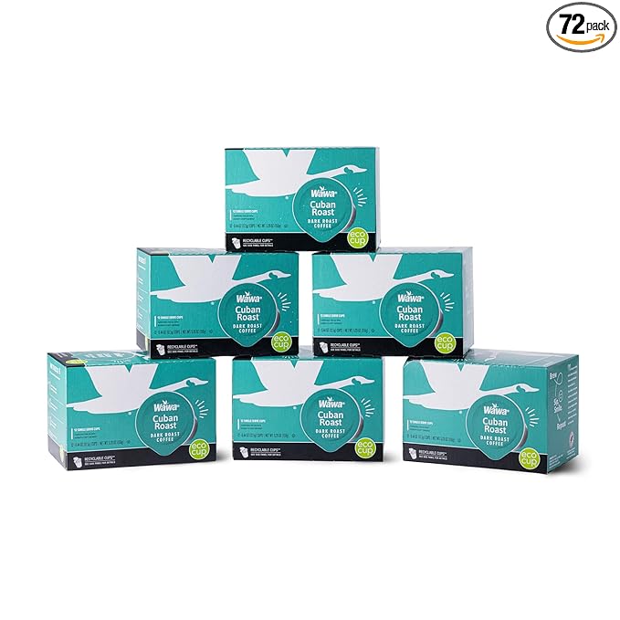 Wawa Single Cup Cuban Dark Roast Coffee Pods, 72 Pods, 6 Boxes, Rich & Bold Blend, Semi-Sweet