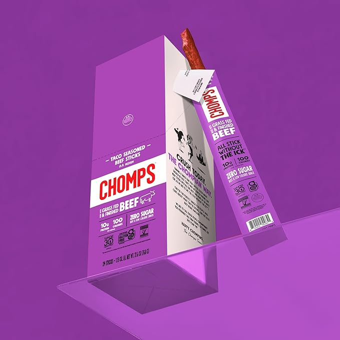 Chomps Grass-Fed and Finished Taco Beef Jerky Snack Sticks 10-Pack - Keto, Paleo, Whole30, 10g Lean