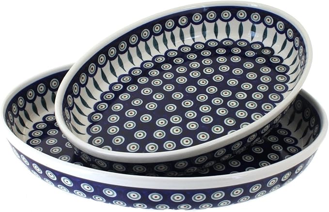 Blue Rose Polish Pottery - Blue Peacock Oval Baker Set - 2 Bakers - Unique, Dishwasher Safe, &