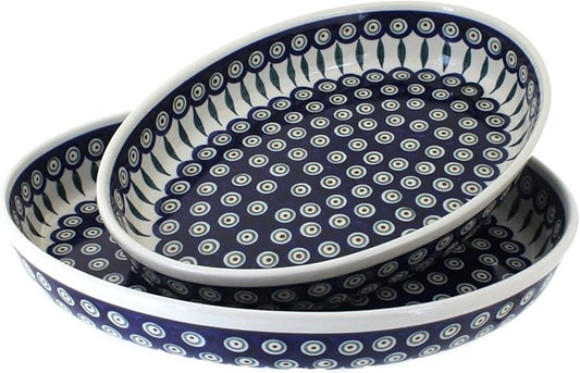 Blue Rose Polish Pottery - Blue Peacock Oval Baker Set - 2 Bakers - Unique, Dishwasher Safe, &