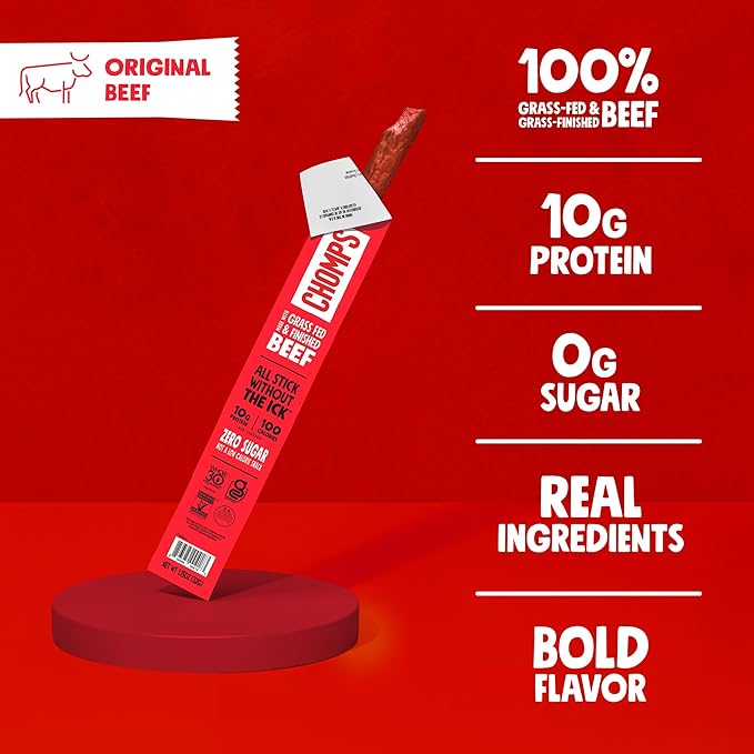 Chomps Grass-Fed and Finished Original Beef Jerky Snack Sticks 10-Pack - Keto, Paleo, Whole30, 10g