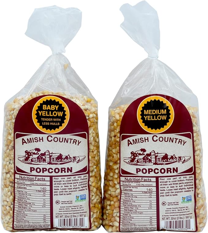 Amish Country Popcorn | 2 Lb Baby Yellow & 2 Lb Medium Yellow Kernels | Old Fashioned, Non-GMO and