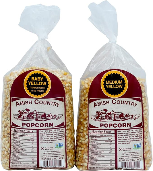 Amish Country Popcorn | 2 Lb Baby Yellow & 2 Lb Medium Yellow Kernels | Old Fashioned, Non-GMO and