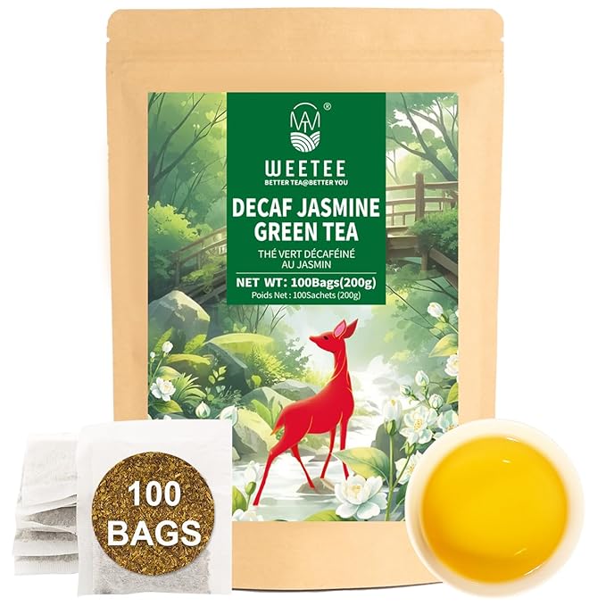 WT WEETEE Decaf Jasmine Green Tea Bags 100 Count, CO2 Decaffeinated Green Tea Infused with Jasmine