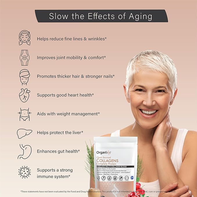 Organixx Collagen Peptides Powder with Vitamin C, Types I, II, III, V, X Hydrolyzed Collagen, Hair