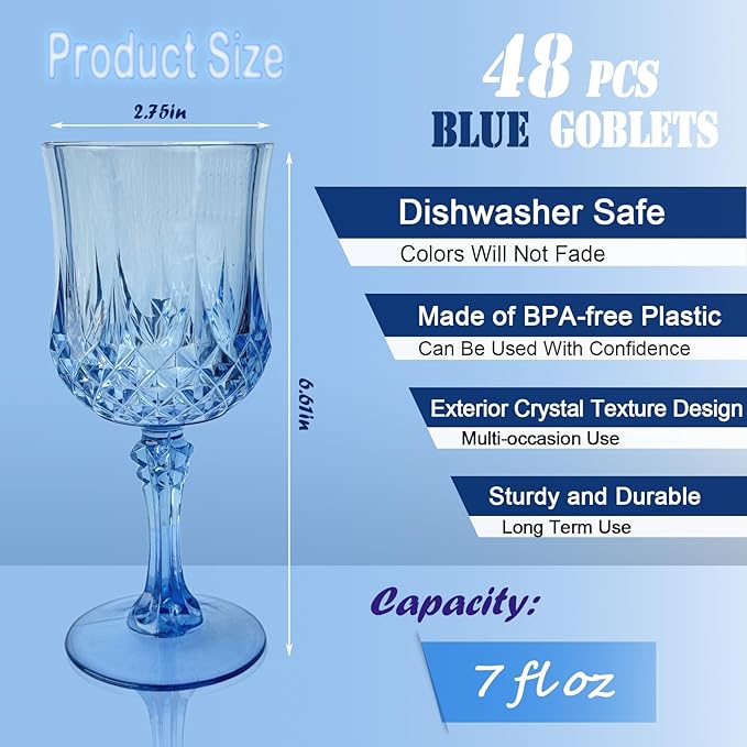 48 PCS Blue Plastic Wine Glasses,Reusable Plastic Wine Glasses,Blue Goblet Glass,Durable and Sturdy
