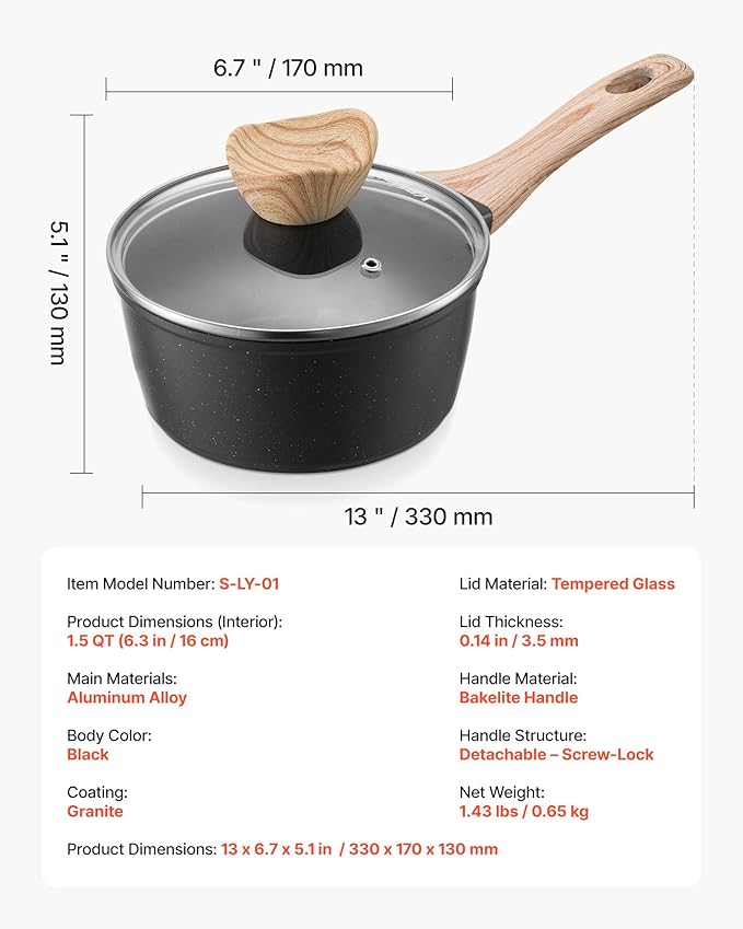 VEVOR 1.5 QT Saucepan, Nonstick Saucepan with Tempered Glass Lid, Multipurpose Cooking Sauce Pot
