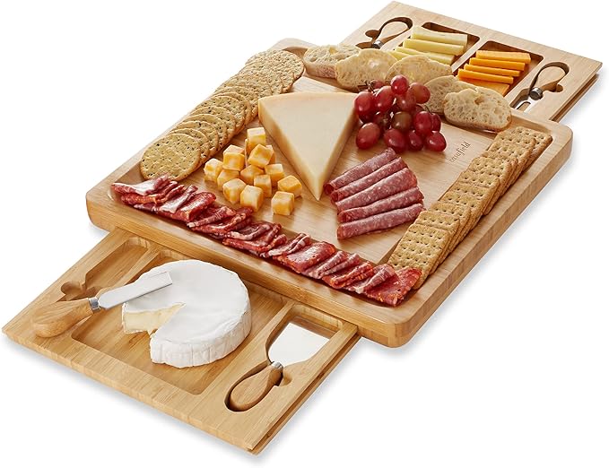 Casafield Bamboo Cheese Board Gift Set, Charcuterie Board Serving Platter with Stainless Steel
