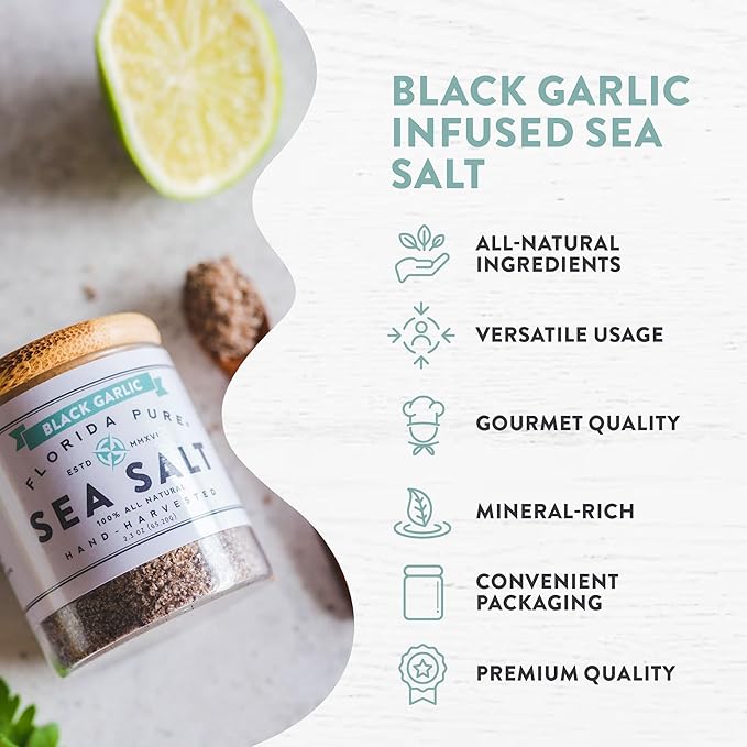 FLORIDA PURE Black Garlic Sea Salt - 80+ Mineral Sea Salt, Natural, Unrefined, Non Iodized - for