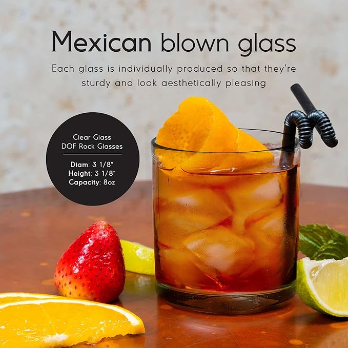Clear Blown 8 oz DOF Rocks Glasses (set of 6) Mexican Handmade Glassware, Recycled Glass