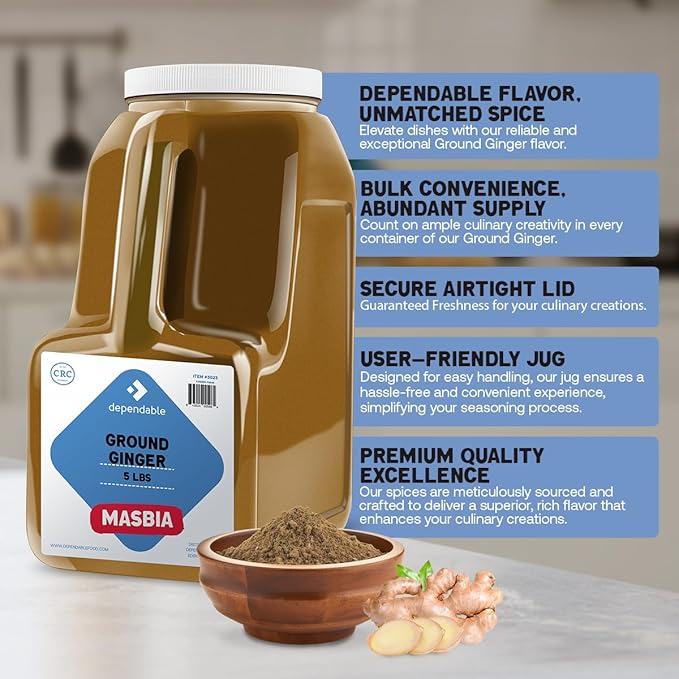 Dependable Foods Ground Ginger Spice – 5 Lb. Bulk Jar - Non-GMO, Kosher, Salt-Free, Allergen-Free|