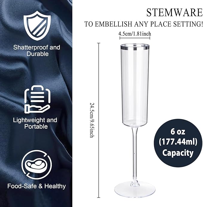 Ciaell 24 Pack Silver Plastic Champagne Flutes - 6 Oz Disposable Champagne Glasses - Square Silver
