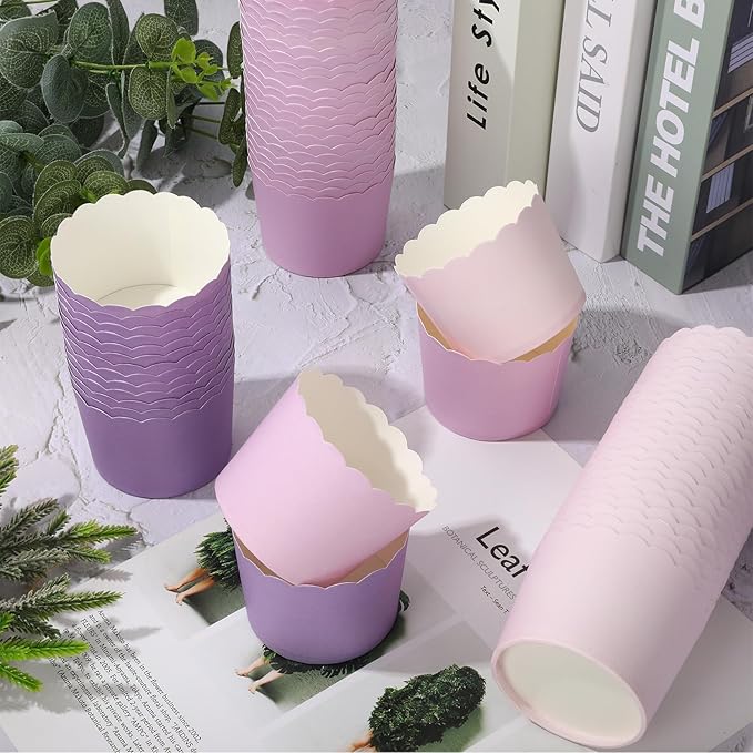 Whaline 120Pcs Purple Paper Baking Cups Scalloped Edge Cupcake Wrappers Gradient Purple Cupcake
