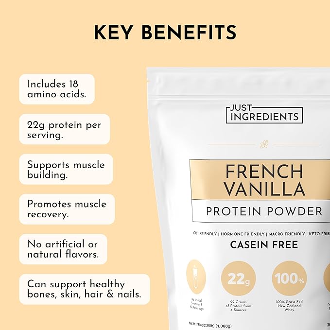 JUST INGREDIENTS French Vanilla Protein Powder ??30 Serving Bag ??Grass-Fed Whey & Plant Protein