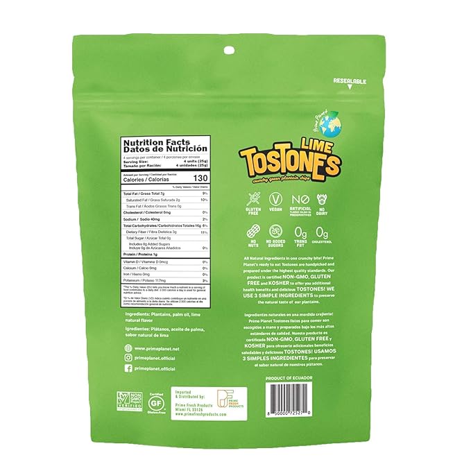 TOSTONES, Green Plantains, Re-Sealable Bag, Crunchy chips, Plantains, Palm Oil and Salt, 3.53 Oz